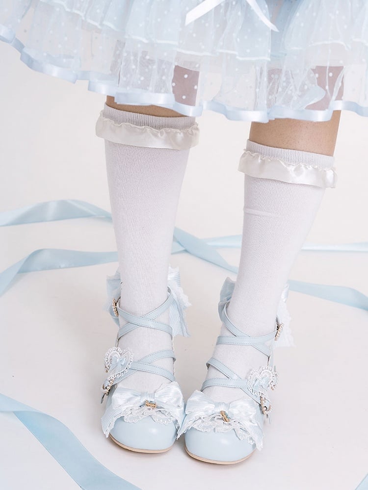 Blue Sweet Lolita Bowknot Details Crisscross Design Heart Buckle Straps 5CM Block Heels Shoes