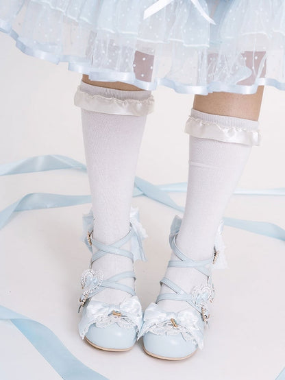 Blue Sweet Lolita Bowknot Details Crisscross Design Heart Buckle Straps 5CM Block Heels Shoes
