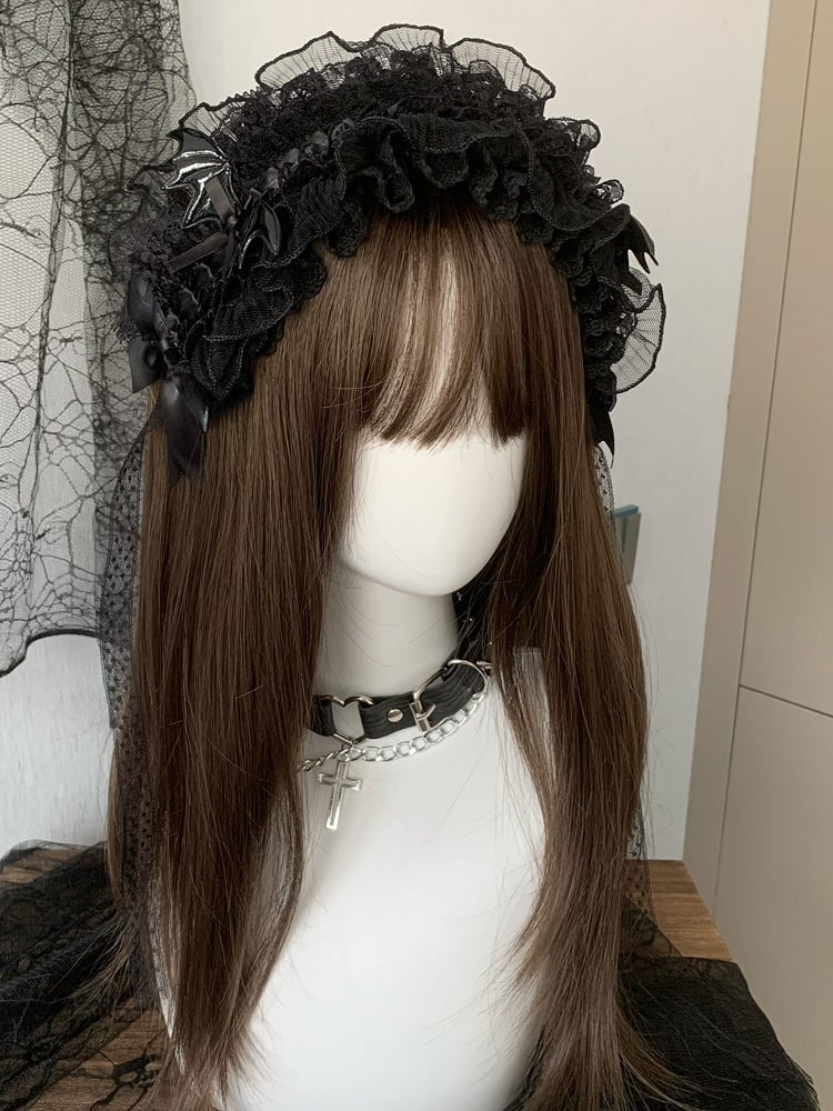 Black/White Wing Decorated Bowknot Details Ruffled Hairband