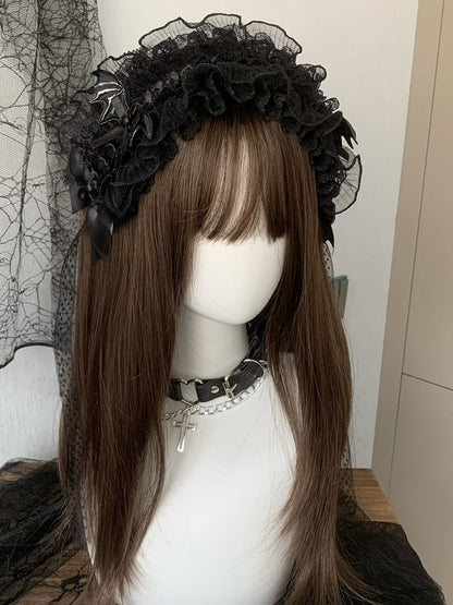 Black/White Wing Decorated Bowknot Details Ruffled Hairband