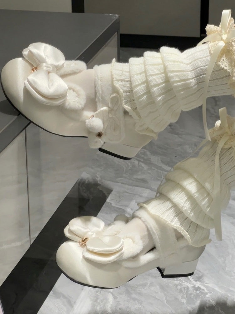 White Sweet Lolita Heart Charm Plush Bunny Ear Bow at Top Round Toe Shoes