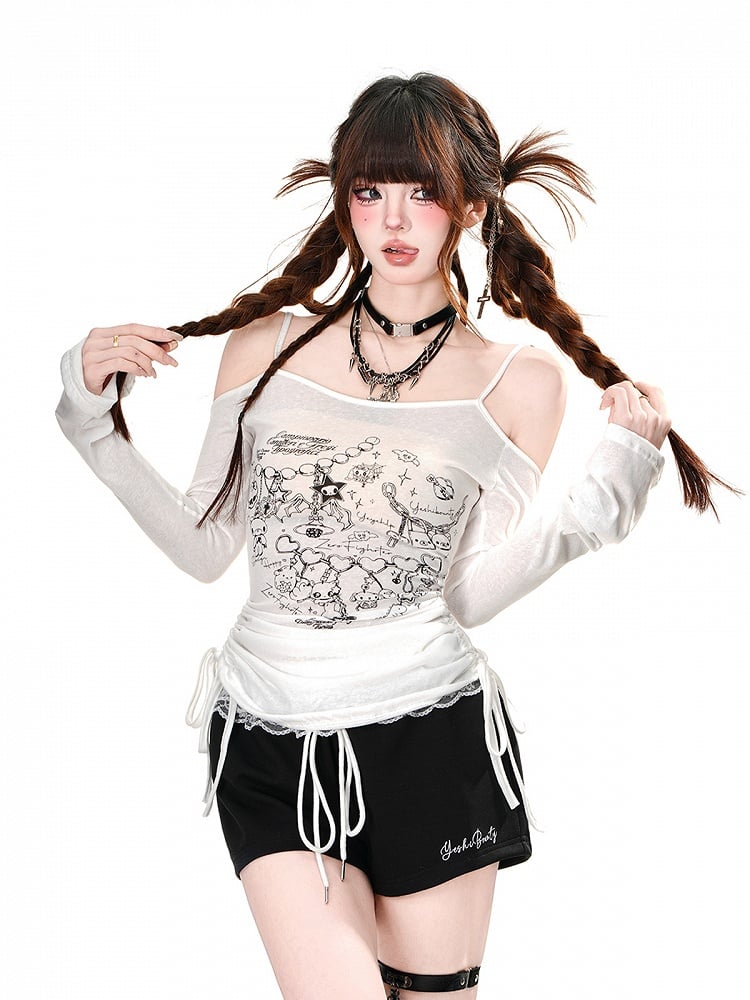 Lace Trim Drawstring Waist Wide-Leg Black Mini Casual Shorts