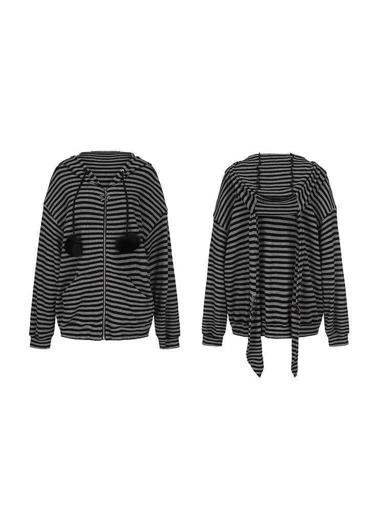 Plus Size Black & Gray Stripes Bunny Hoodie Jacket with Pompon Drawstrings