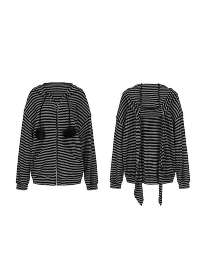Plus Size Black & Gray Stripes Bunny Hoodie Jacket with Pompon Drawstrings