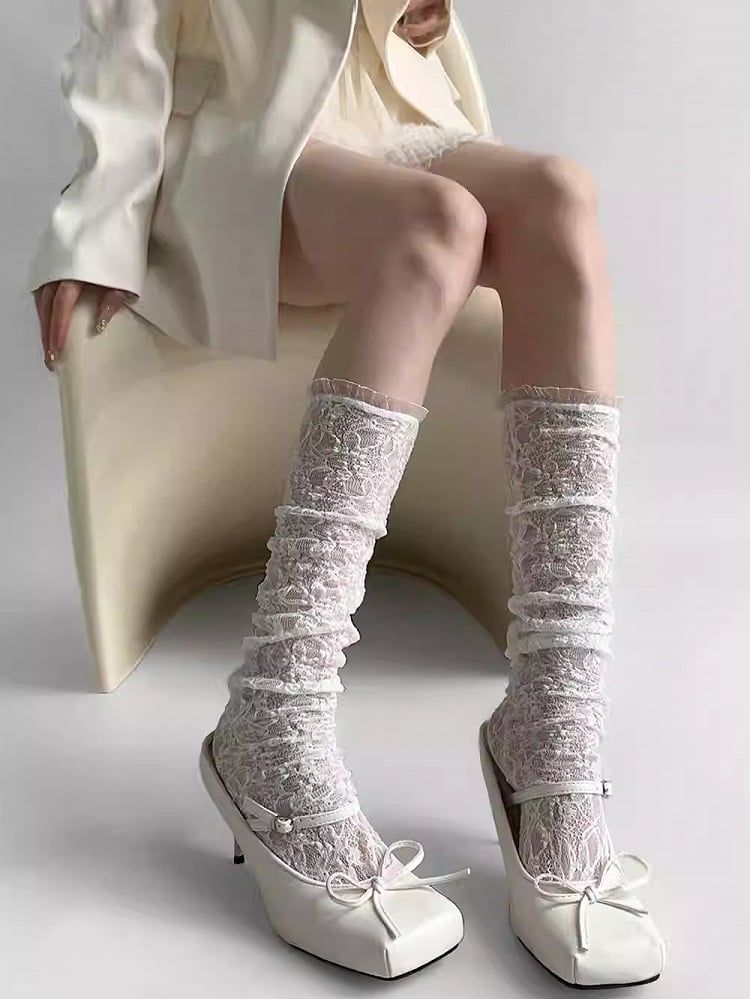 White Hollow-out Design Lace Trim Calf Socks