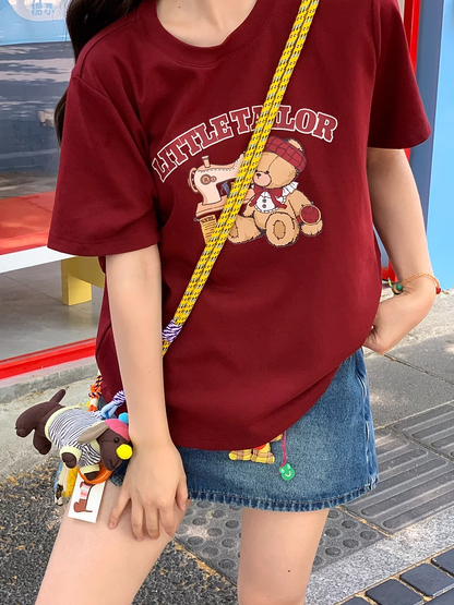 Cartoon Bear Print Wine Red Round Neck Loose T-shirt