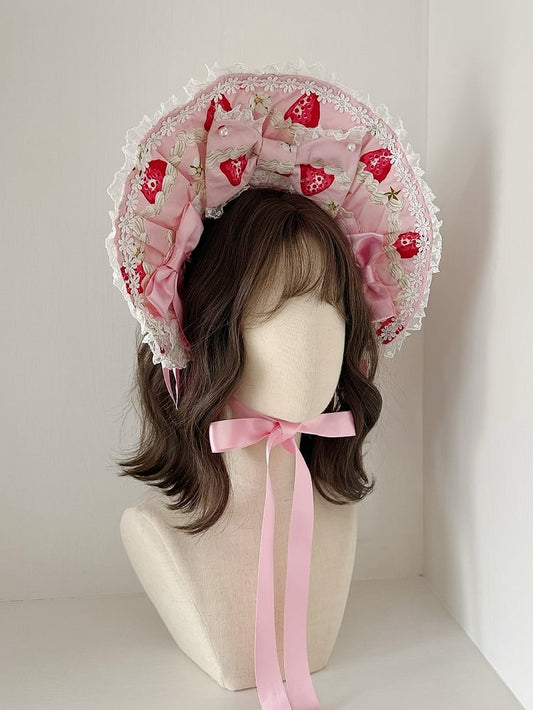 Pink Strawberry Print Lolita Bonnet