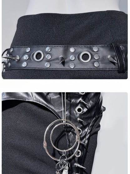 Black Punk Ring Stud Pin Detail Thigh-high Slit Mermaid Skirt with PU Buckle Belt