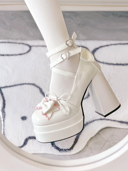 White Lace Trim Bow at Top Heart Buckles Crisscross Design Platform High Block Heels