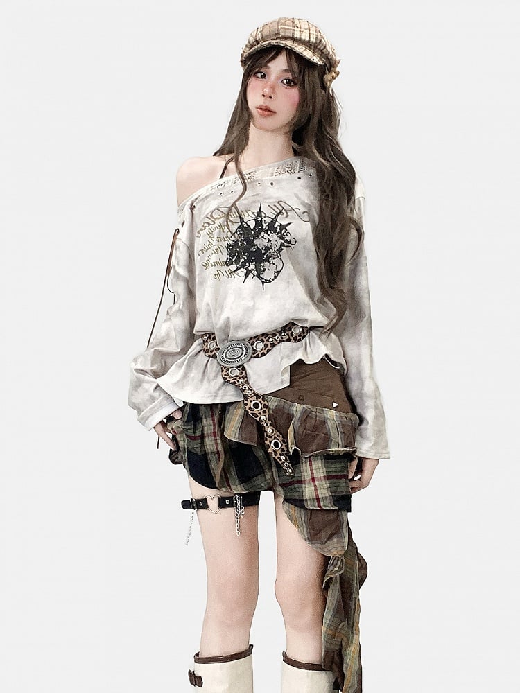 Coffee Brown Millard Fashion Plaid Pattern Asymmetrical Hem Skirt