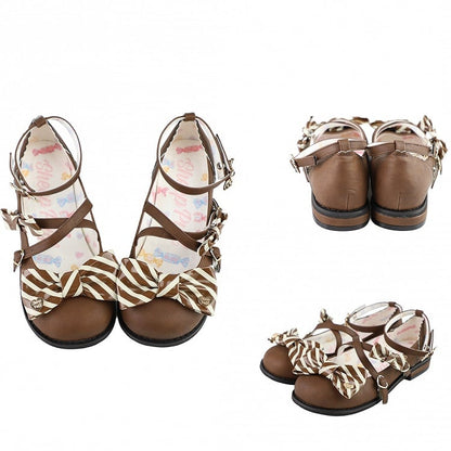 Brown Striped Pattern Bow at Top Crisscross Design Heart Buckles Lolita Shoes