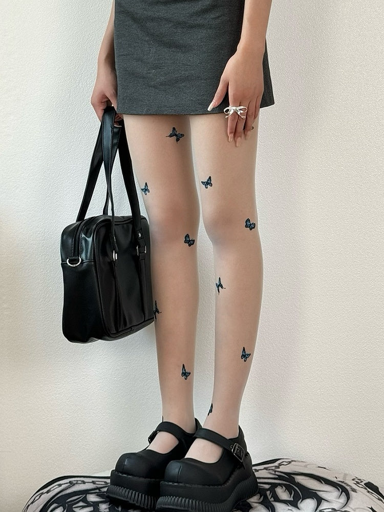 Nude/White/Black Butterfly Details Tights
