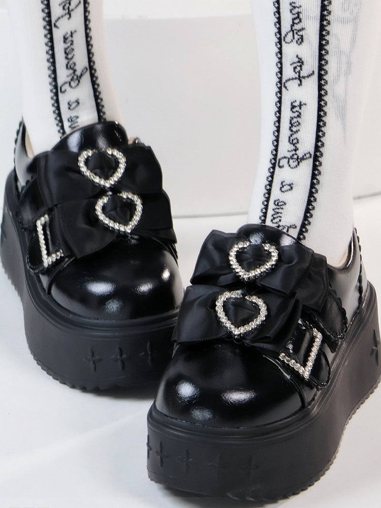 Black Jirai Kei Slip-on Platforms with Rhinestone Heart Decor & Bow Accents in Thicken/Regular Version