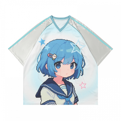 Vintage Cartoon Girl Print Black/Blue/Purple V-neck Loose T-shirt