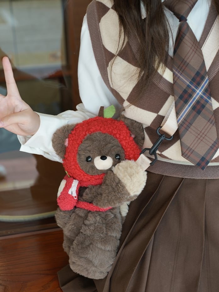 Brown Bear Plush Backpack/Crossbody Bag + Red Apple Hat + Red Apple Backpack Keychian Middle/Large Size