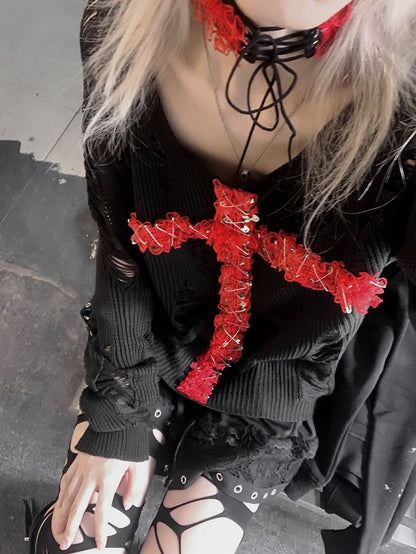 Black/Black & Red Lace Cross Hollowed-out Design Gothic Sweater