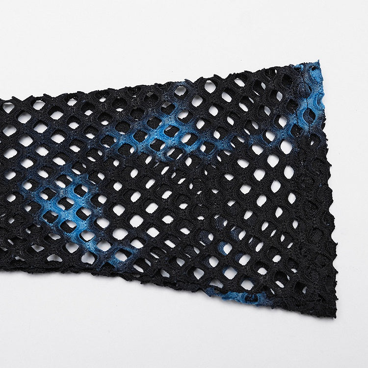 Black and Blue Punk Tie-dyed Mesh Long Sleeve T-shirt