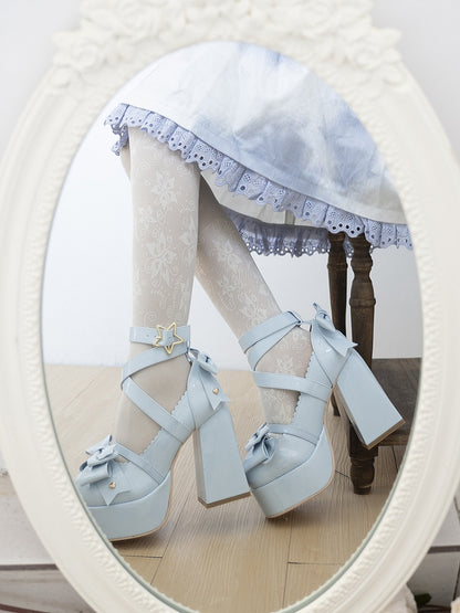 Blue Bow at Top Crisscross Design Sweet Lolita Platform High Block Heels