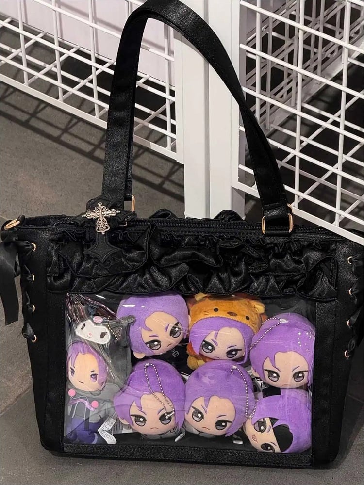 Black Satin Ruffle Trims Self-tie Straps Ita Bag With Bow Card Holder