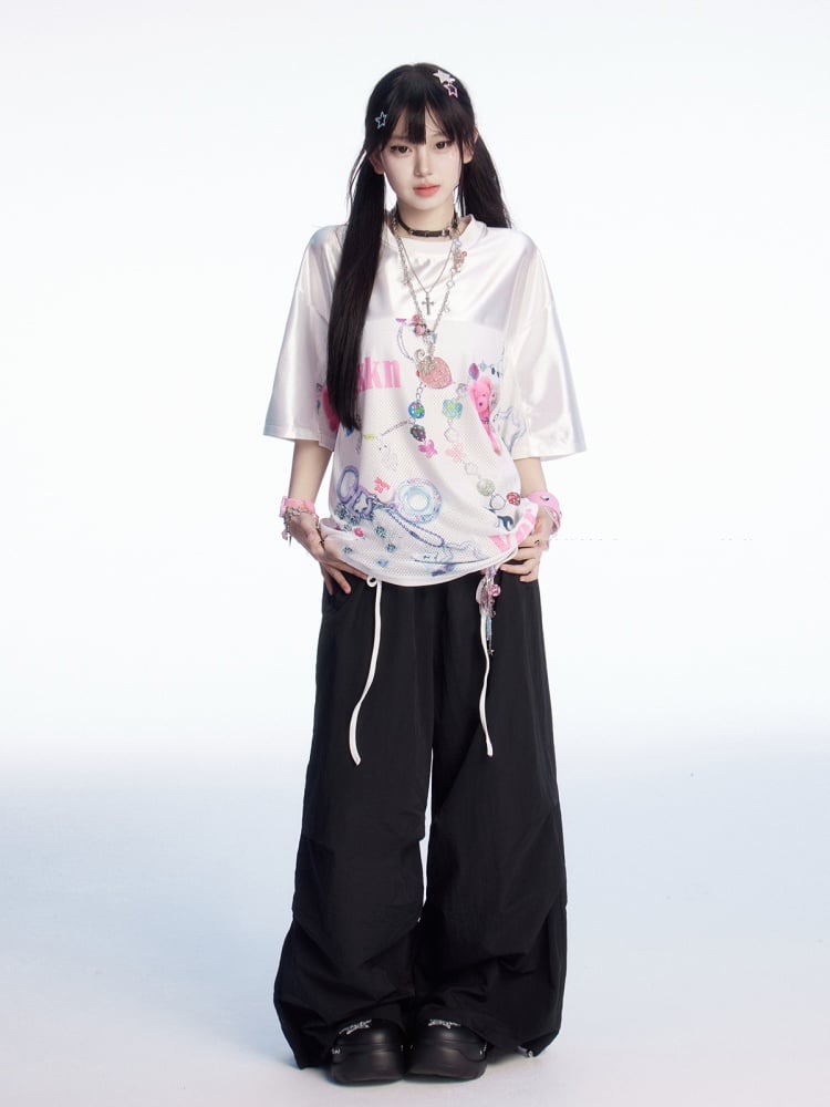 Plaid Patchwork Waist Drawstring Cuffs Black Wide-leg Casual Pants