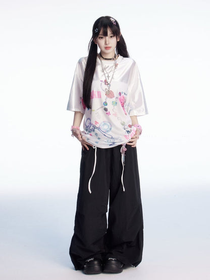Plaid Patchwork Waist Drawstring Cuffs Black Wide-leg Casual Pants