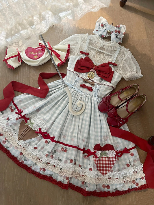 Red Cherry Print Blue Gingham Dress Sweet Lolita Jumper Skirt