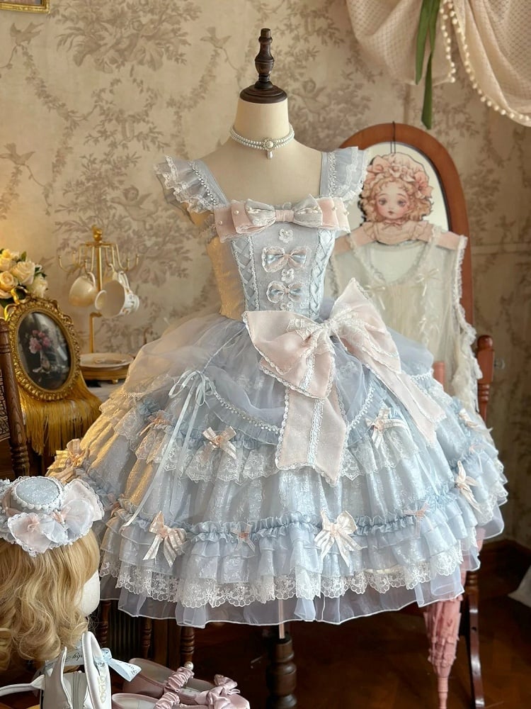 Pink Bow Accents Light Blue Natural Waist Hime Lolita Dress