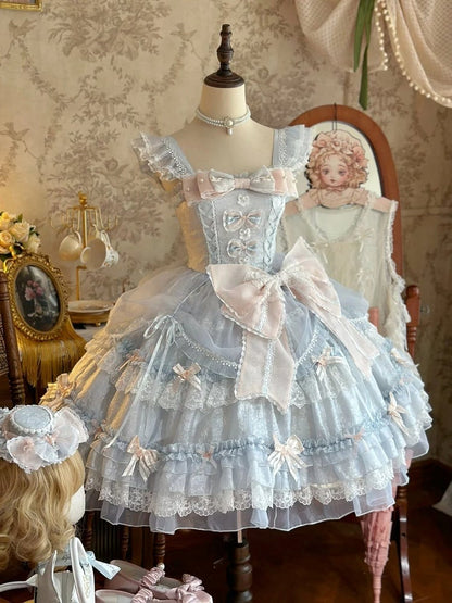 Pink Bow Accents Light Blue Natural Waist Hime Lolita Dress
