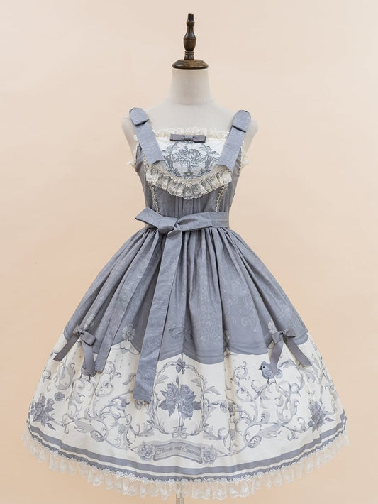 Gray Titmouse and Floral Print Lolita Jumper Skirt