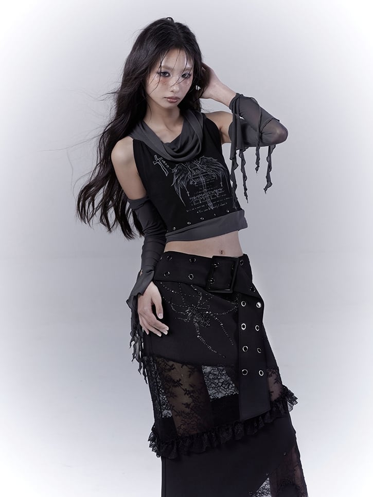 Black Cross Wing Print Punk Studded Sleeveless Top with Free Armwear