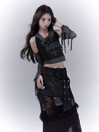 Black Cross Wing Print Punk Studded Sleeveless Top with Free Armwear