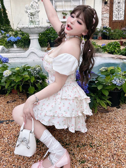 Plus Size White Tulips Print Sweet Bowknots Tiered Skirt