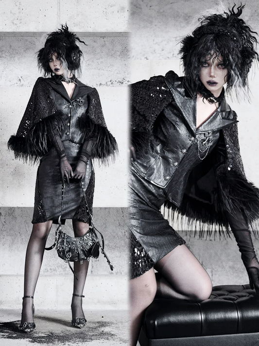 Black Sharp Angle Notched Collar Office Lady Fluffy Hemline Cape Design PU Leather Blazer