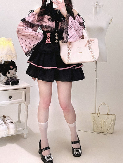 Jirai Kei White / Pink Polka-dot Blouse | Bell Sleeves, Cut-Out Shoulder with Drawstring & Heart Buttons