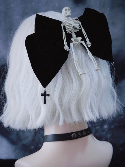 Handmade Skeleton Gothic Black Velvet Big Bow Hairclip with Crosses