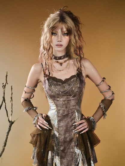 Brown Wasteland Punk Snakeskin Pattern Ruffles Trim Gloves