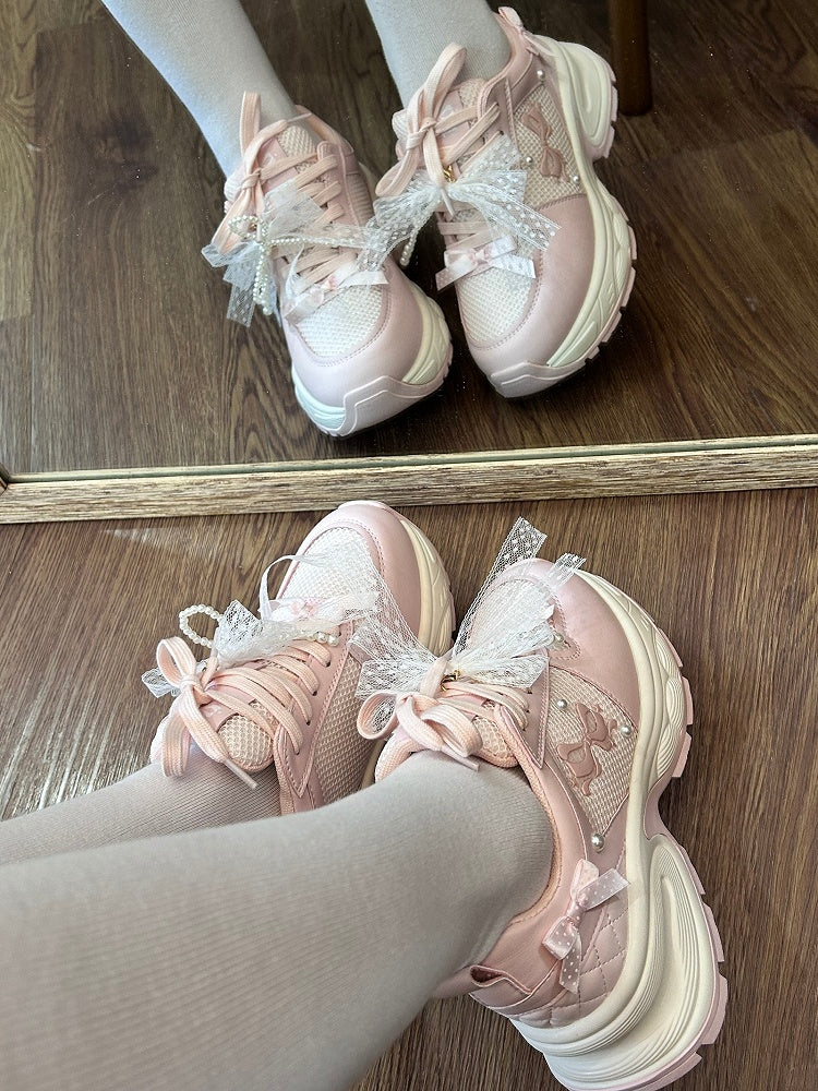 Pink Beaded Decorated Bowknot Details Front Lace-up Ties Sneakers