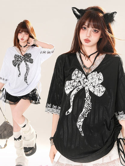 Big Bow Print Lace Trim Drawstring Side Black/White V-neck T-shirt