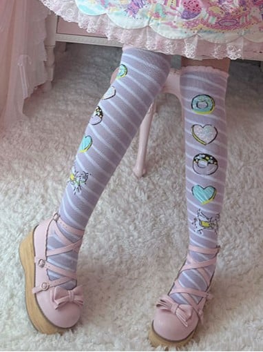 Pink/Yellow/Blue/Purple Unicorn Donut Print Striped Pattern Lolita Over Knee Stockings