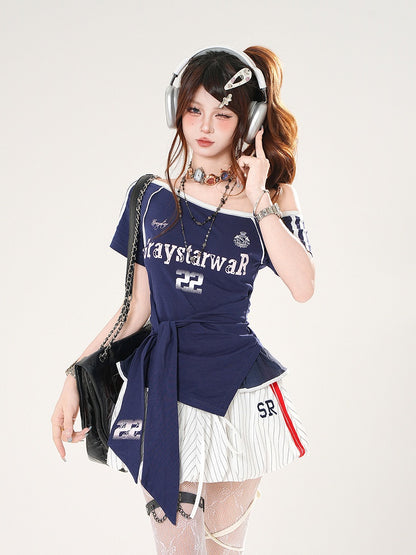 Red/Blue Asymmetrical Neckline Blokette Core T-shirt Self-tie Straps at Waist