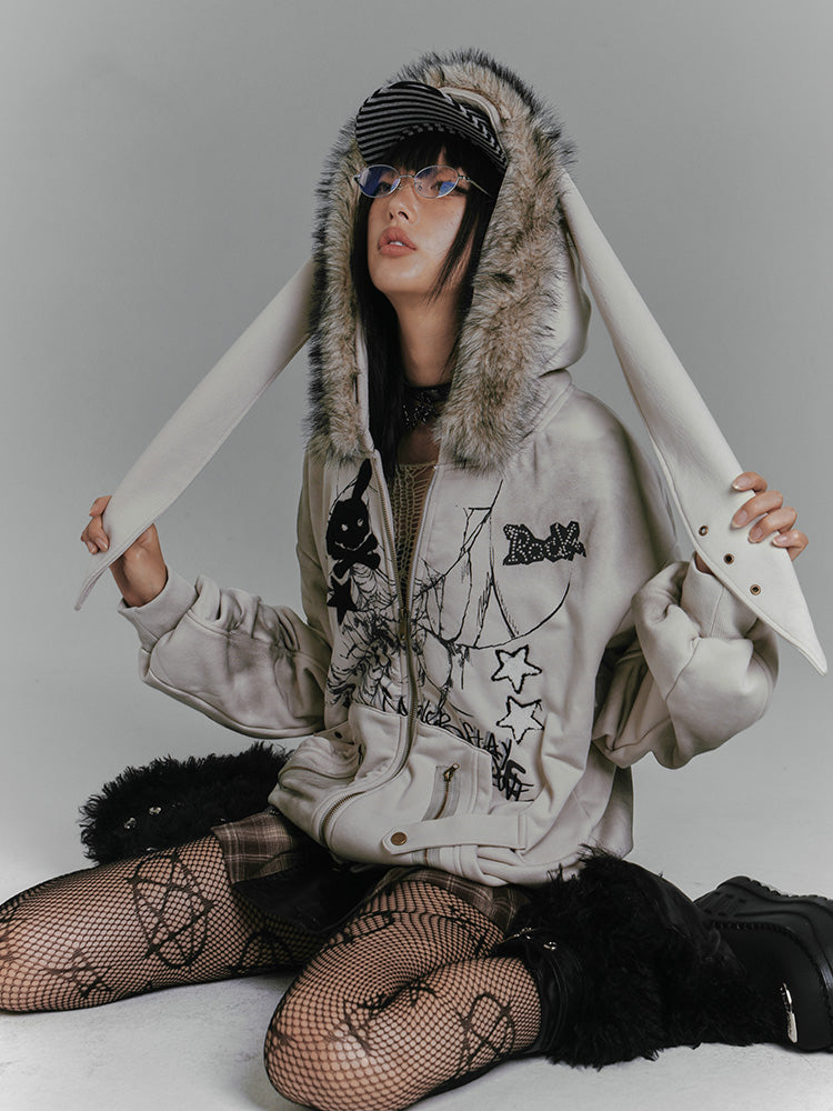 Spiderweb and Skeleton Print Gray Punk Rock Bunny Ears Fleece Zip Hoodie