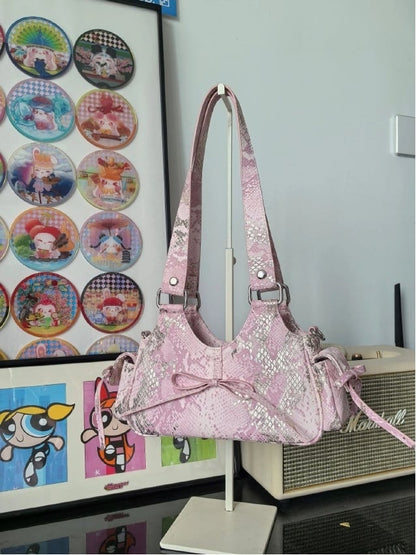 Pink 2 Ways Spicy Girl Style Daily Ita Bag with Bowknot & Snakeskin Embossing