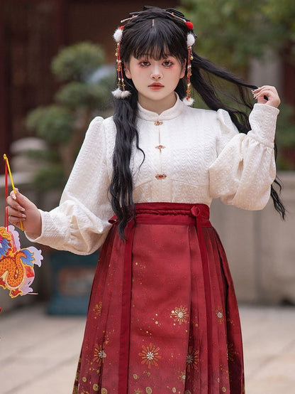 Plus Size New Year Banded Collar White Long Sleeves Top