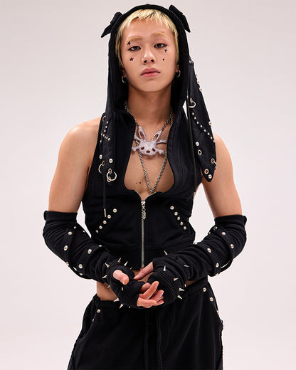 Black/Gray/Pink Criss-cross Straps Studded Gloves