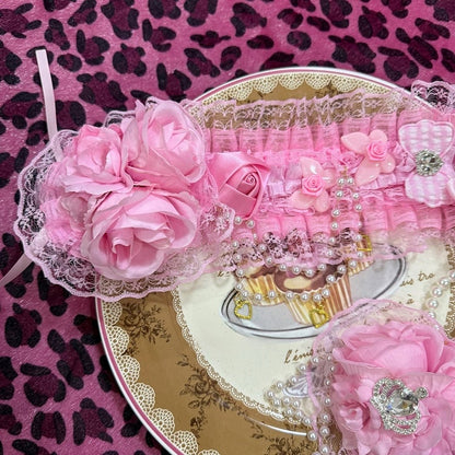 Pink Beaded And Heart Charm Floral Design Ruffled Hairband