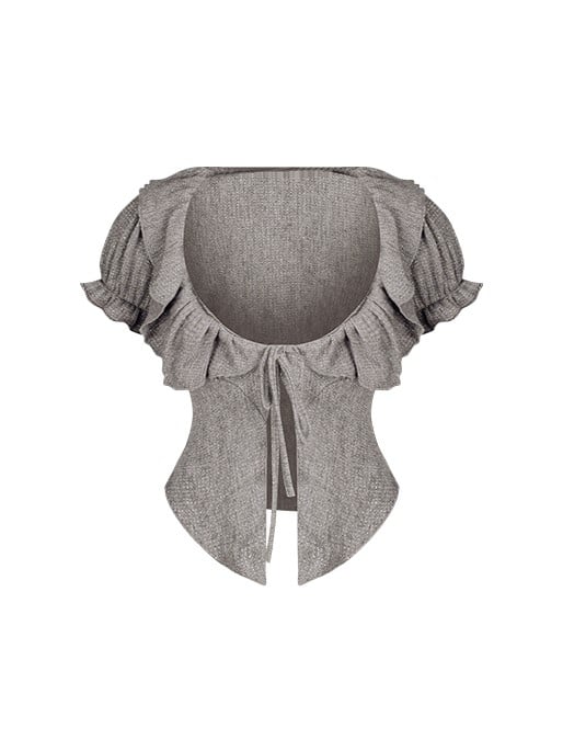 Gray Short Sleeve Knit Cardigan with Ruffled Trim and Tie Front