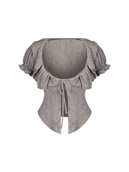 Gray Short Sleeve Knit Cardigan with Ruffled Trim and Tie Front
