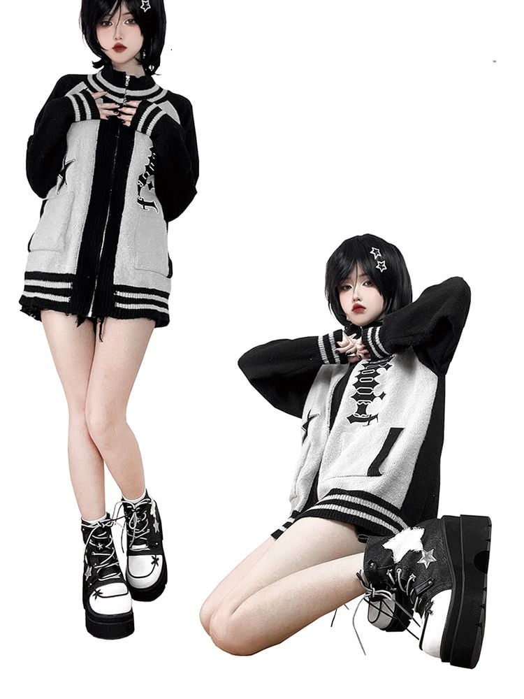 Star Appliques Punk Black Denim Platform Ankle Boots