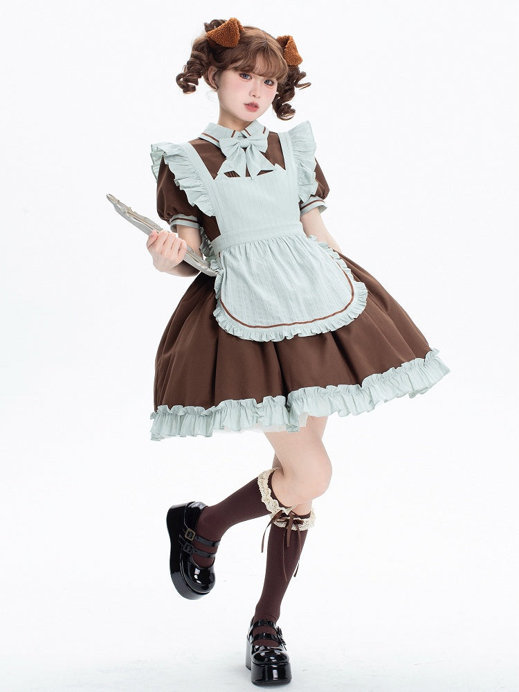Brown and Mint Green Kitty Maid Lolita Short Puff Sleeves Dress + Apron