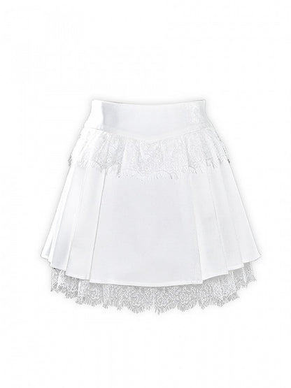 White Lace Raw Hem Fairy Goth Pleated Skirt